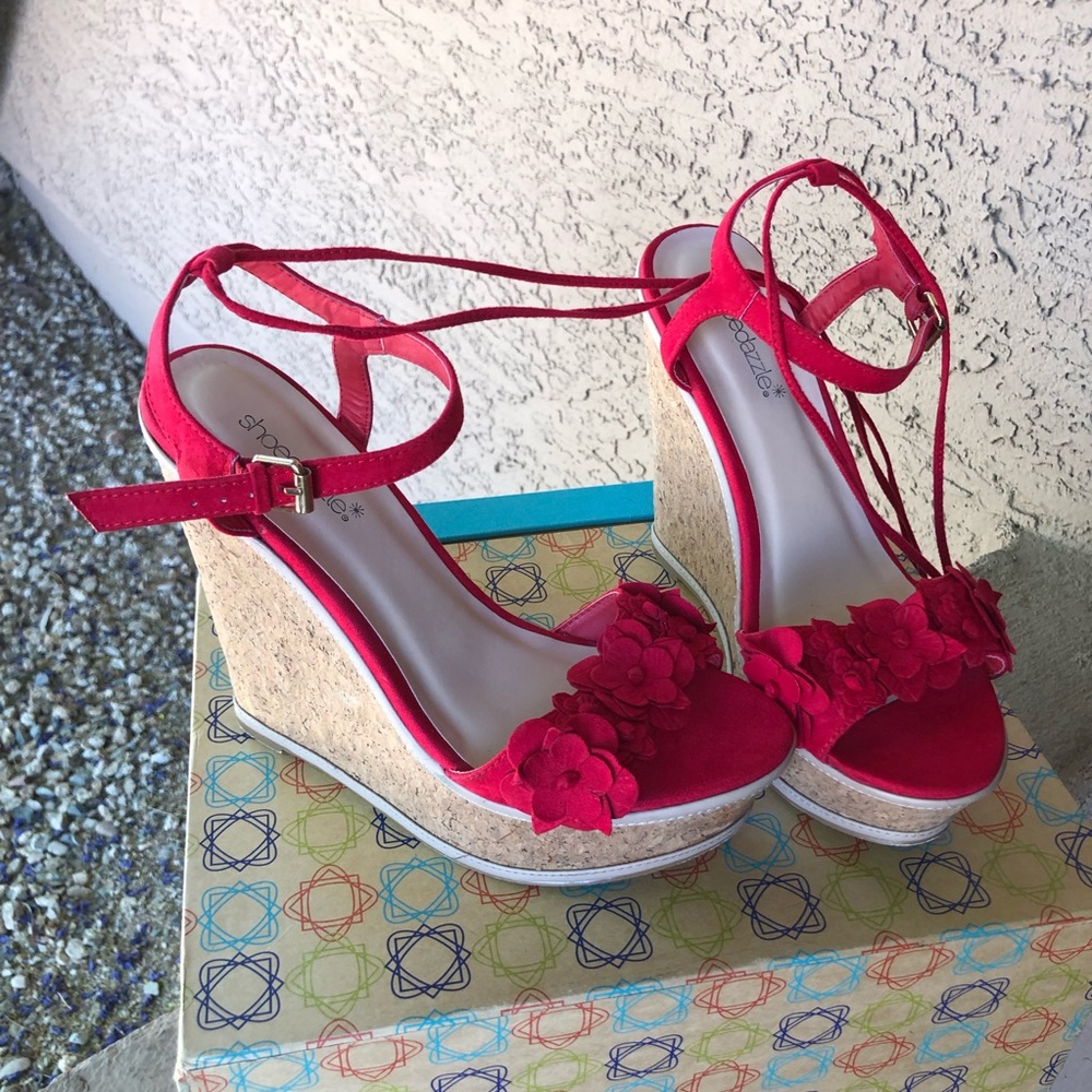 Red Floral Tie Up Wedges (worn once)